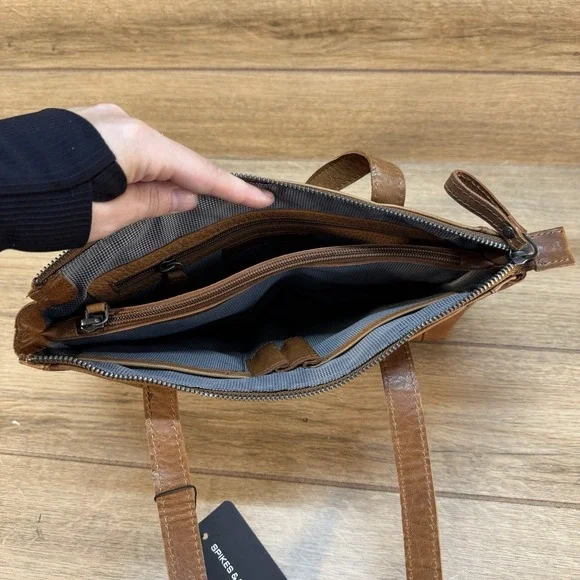 New Spikes & Sparrow Medium Leather Double Strap Shoulder Bag Cognac Brown - Picture 8 of 10